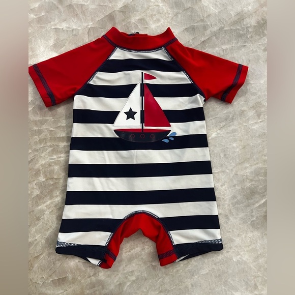 Little Me Baby Boy 6-9 Month 1pc Swim Wear Rash Guard Sail Boat Stripe - Picture 1 of 4